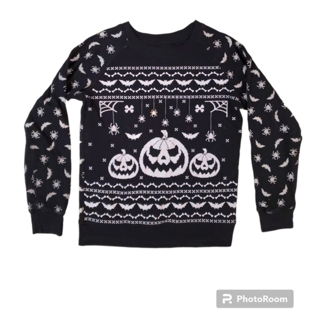 Women's Black White Halloween Pumpkin Spider‎ Long Sleeve Shirt Juniors 3-5